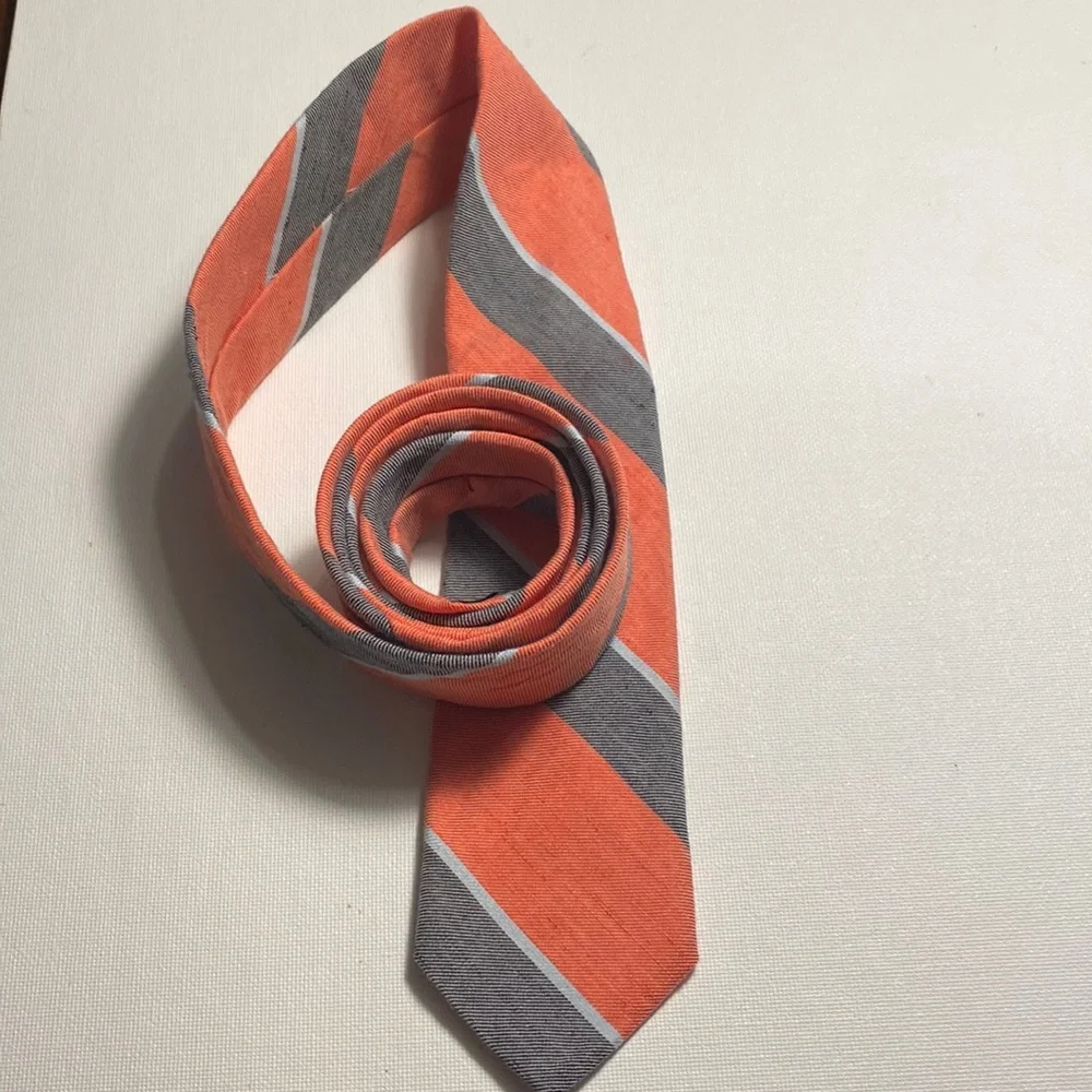 J. Crew Orange and Gray Striped Linen/Cotton Tie